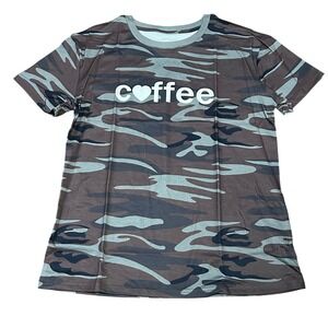 Womens Camo Coffee Heart Graphic T-Shirt Casual Short‎ Sleeve Top Large